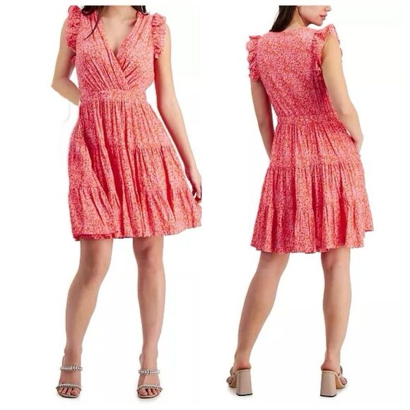 Rachel Zoe Pink & Orange Floral Flutter Sleeve Tiered A-Line Mini Dress - Picture 1 of 8